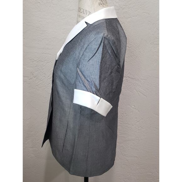 Kasper A S L Petite Gray & White Short Sleeved Hidden Button Up Blazer Shirt - Picture 3 of 10